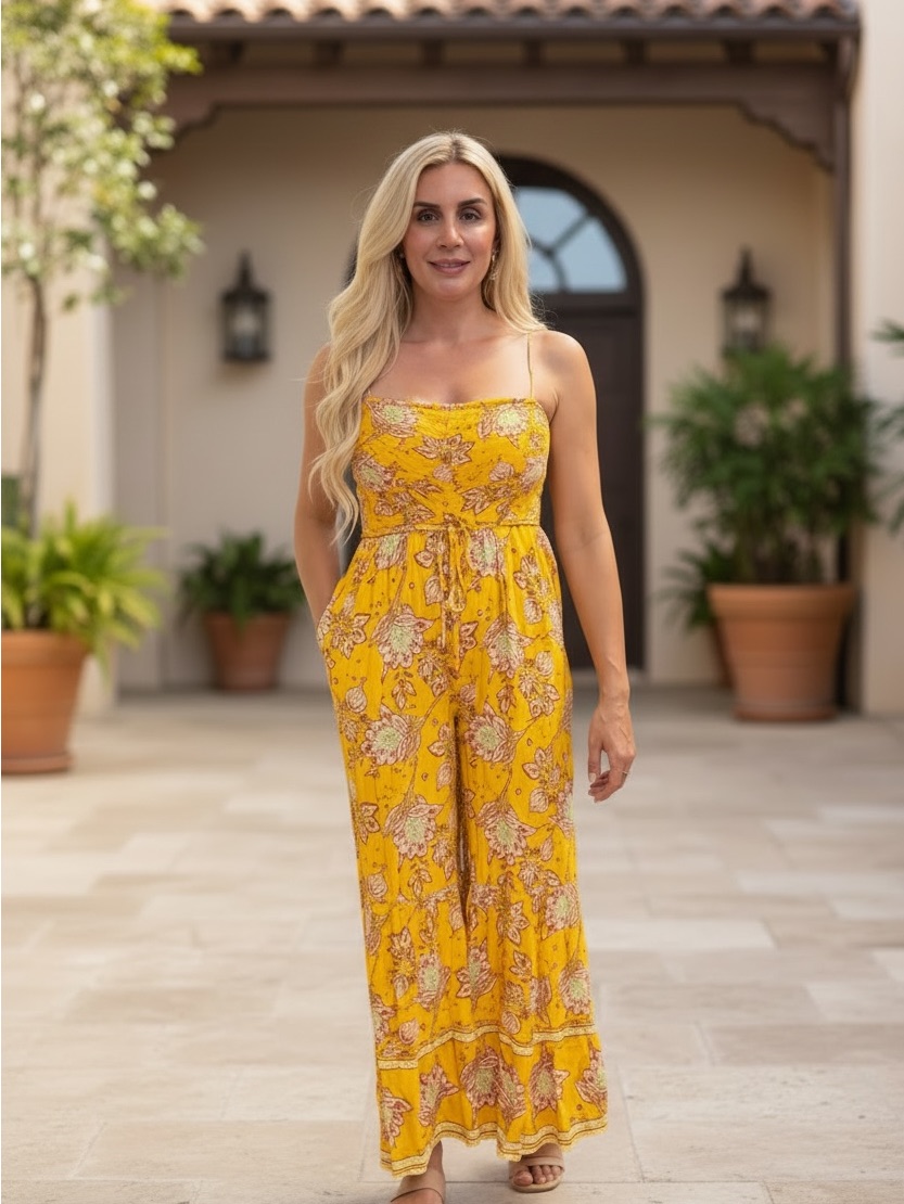 Free People Women's Yellow, Red, Green, White Floral Wide-Leg Jumpsuit Xs